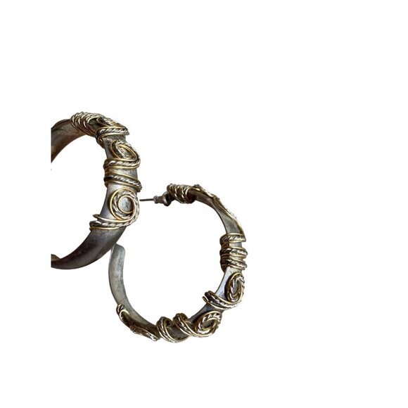 Vintage Silver & Gold-Tone Hoop Earrings With Intricate Wire Wrap Design - Picture 2 of 4